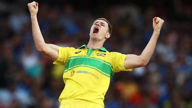 Jason Behrendorff celebrates the wicket of MS Dhoni. 