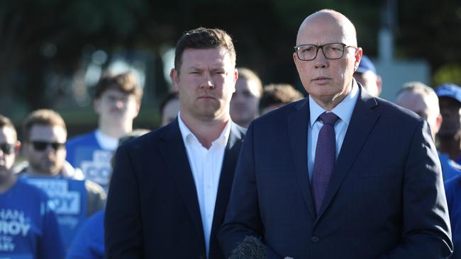 Opposition Leader Peter Dutton with Liberal candidate for the Dunkley by-election, Nathan Conroy. Picture: NCA NewsWire/David Crosling