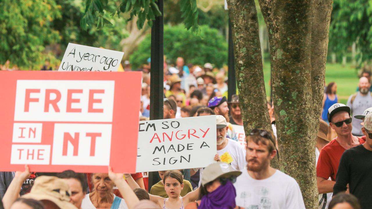 Protesters congregate at the Cenotaph at a Free in the NT march in Darwin. Picture: Glenn Campbell