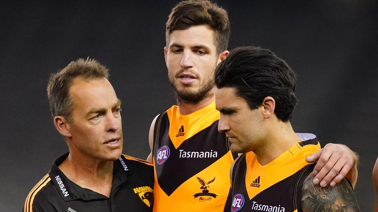 Clarko, former Hawks captain Ben Stratton and Wingard, pictured in 2020. Picture: AAP