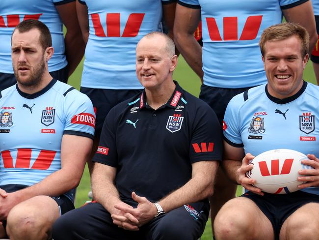 SYDNEY, AUSTRALIA - JULY 08:  (L-R) Isaah Yeo of the Blues, Blues head coach Michael Maguire and Jake Trbojevic of the Blues pose during a NSW Blues State of Origin media opportunity at NSWRL Centre of Excellence on July 08, 2024 in Sydney, Australia. (Photo by Matt King/Getty Images)