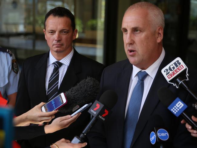 Detective Inspector Darren Cloake, from the Wagga Wagga command (left) and Detective Chief Inspector Mick Sheehy, from State Crime Commission, outside court today.