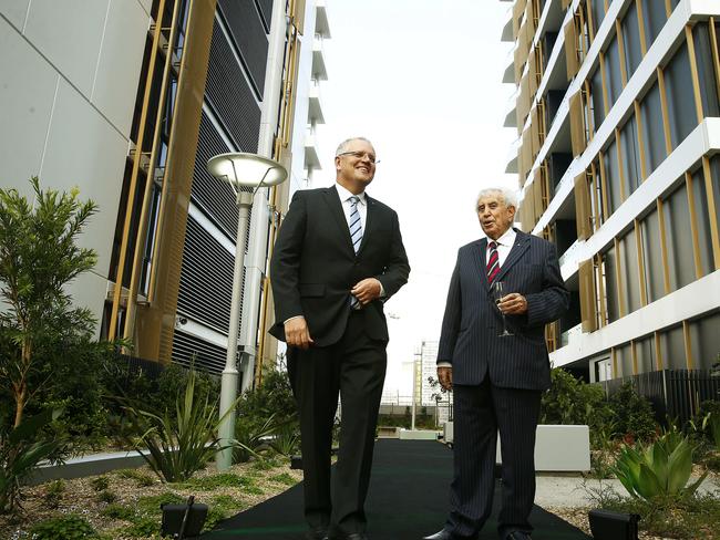 Prime Minister Scott Morrison is welcomed by Harry Triguboff at the Opening of his New Meriton development Pagewood Green. Picture: John Appleyard