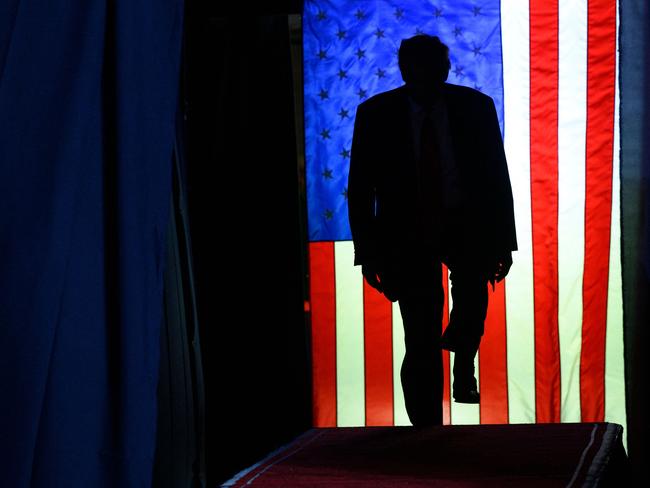 The instantly recognisable silhouette of former US President Donald Trump entering a political rally while campaigning for the GOP nomination in Pennsylvania. Picture: Jeff Swensen/Getty Images via AFP