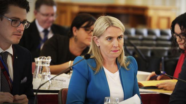 Former Queensland Tourism Minister Kate Jones and her chief of staff Matt Jutsum at budget estimates in 2019. Picture: Megan Slade