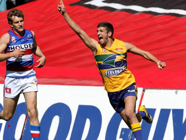 SANFL football - grand final match between Central District and Woodville West Torrens at AAMI Stadium. Eagle Jimmy Toumpas celebrates a goal.