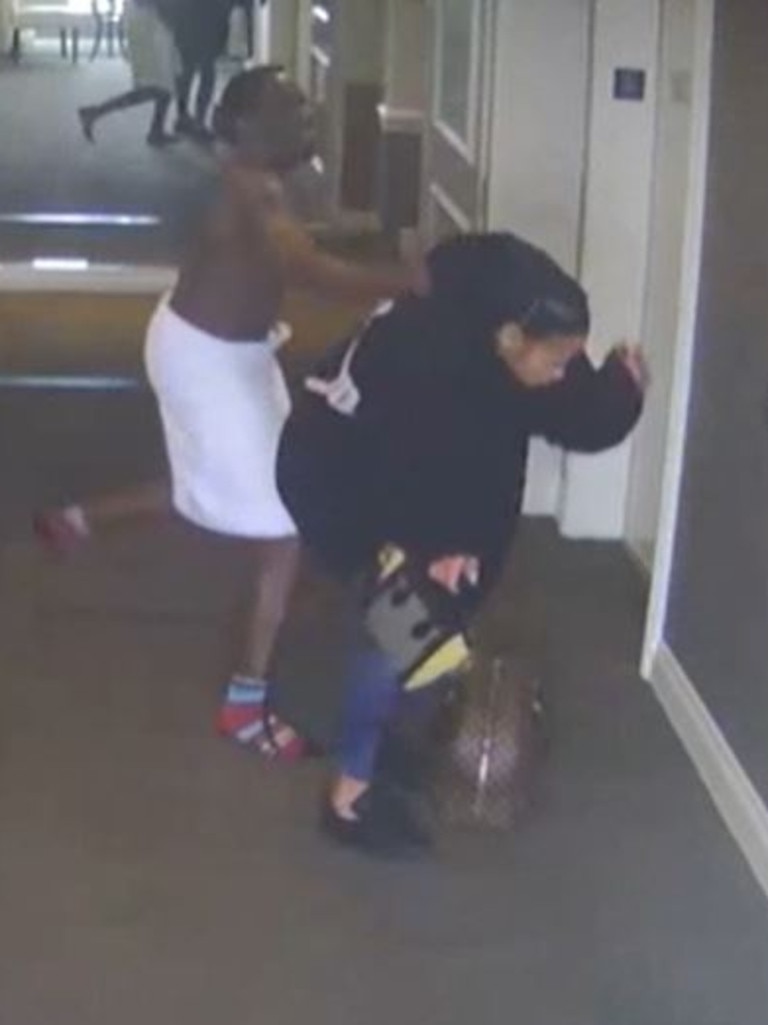 The footage appears to show the rapper assaulting his then-girlfriend Casandra Ventura. Picture: CNN