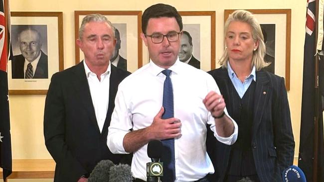 Kevin Hogan, David Littleproud and Bridget McKenzie announce the Nationals decided not to enter a federal Coalition Agreement with the Liberal Party. A phoenix arising from a split coalition would have been a glorious reset on net zero. Picture: Facebook/Senator McKenzie