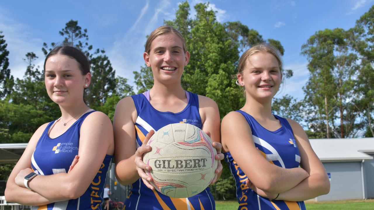 Gympie and Districts Netball Club – Matilda Gook, Breanna Pearce and Hannah Ward. Photo: Bec Singh