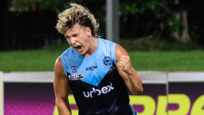 Tom Baulch celebrating a goal for the Darwin Buffaloes in Round 17 of the 2022-23 NTFL season. Picture: Celina Whan / AFLNT Media