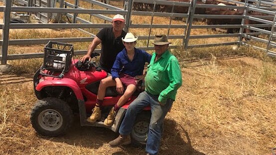 Jason Hetherington on his cattle property in Baralaba with his son, Eli and father, Maurice. Picture: Supplied.