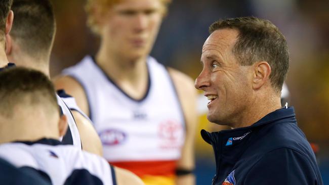 Crows coach Don Pyke speaks to his players in the season-ending win against Carlton on Saturday. Picture:  Darrian Traynor/AFL Media/Getty Images