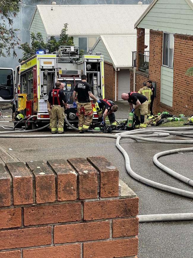 Fire crews at the unit fire in Dudley. Picture: Amy Ziniak