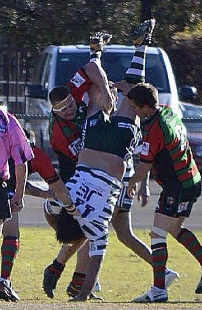 Dubbo CYMS forward Nick Wilson is up-ended in a horror tackle. Picture: Brett Costello.