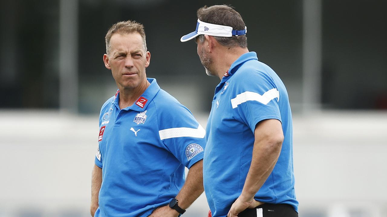 MELBOURNE, AUSTRALIA - MARCH 04: Kangaroos head coach Alastair Clarkson (L) chats with Kangaroos assistant coach Brett Ratten during the AFL Practice Match between the Western Bulldogs and the North Melbourne Kangaroos at Ikon Park on March 04, 2023 in Melbourne, Australia. (Photo by Daniel Pockett/AFL Photos/via Getty Images )