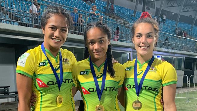 Faith Nathan (centre) is among a talented crop of emerging talents in the women’s rugby sevens team.