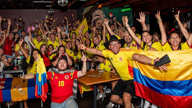 Boisterous Colombian supporters watching their national side take on Argentina in the 2024 Copa America Final at the Lost Arc, Darwin. Picture: Pema Tamang Pakhrin.