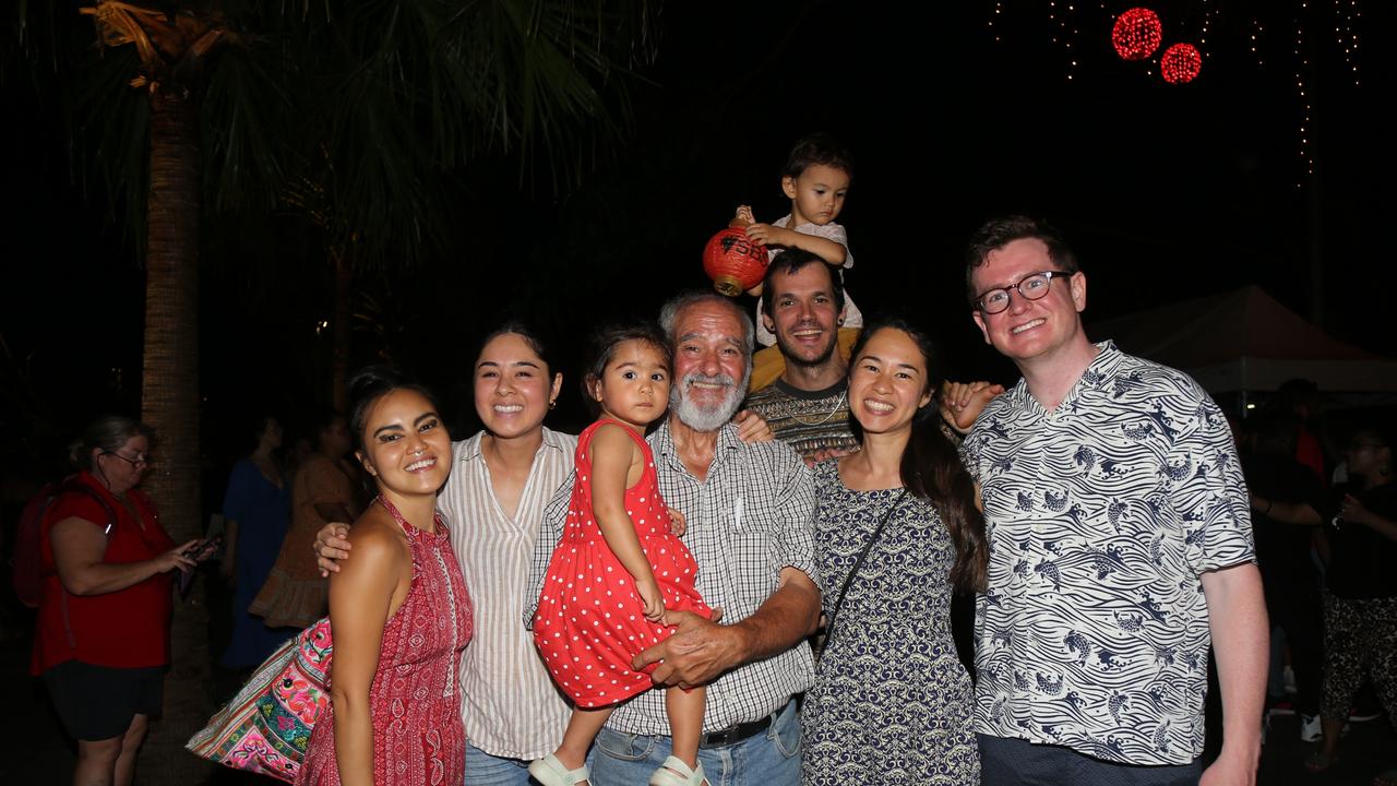 April Petitpay, Danika Rameshfar, Aviah Jamali, Fari Rameshfar, Lucha Petitpay, Artur Prat-Trias, Saphira Rameshfar and Cillian McNamara celebrate the last night of Chinese New Year festivities in Cairns. Picture: Kate Stephenson