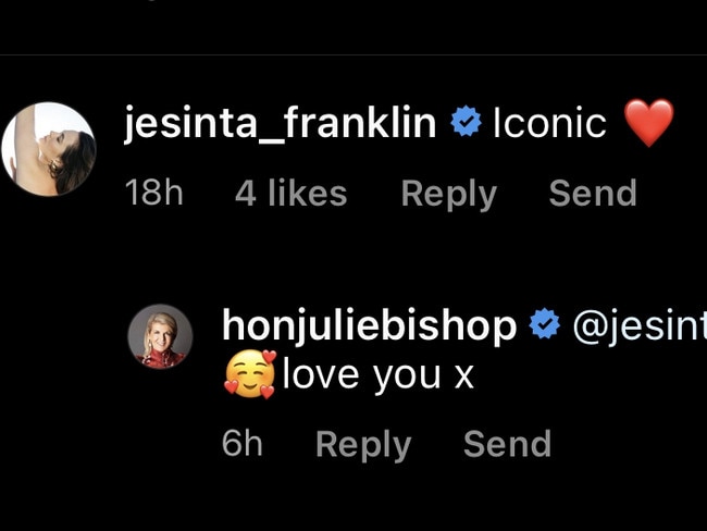 Jesinta Franklin comments on Julie Bishop’s Instagram post.