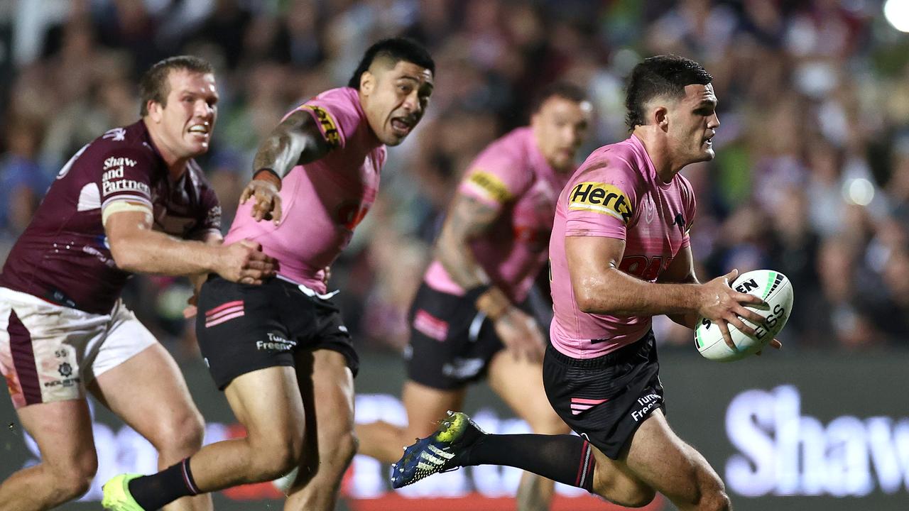 Nathan Cleary finds a gap in the Manly defensive line.