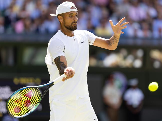 LONDON, ENGLAND - JULY 10: Nick Kyrgios of Australia in action during the Mens Singles Final against Novak Djokovic of Serbia at The Wimbledon Lawn Tennis Championship at the All England Lawn and Tennis Club at Wimbledon on July 10, 2022 in London, England. (Photo by Simon Bruty/Anychance/Getty Images)