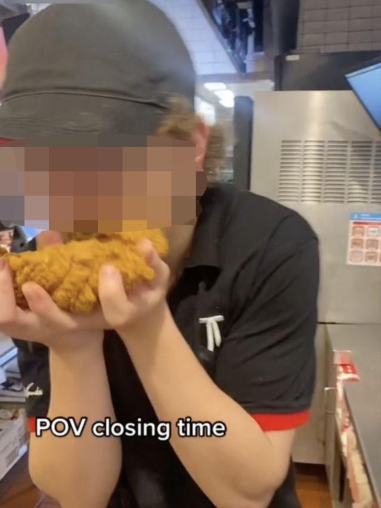 The staffers are seen licking and biting into the famous fried chicken. Picture: TikTok/georgiadel_06