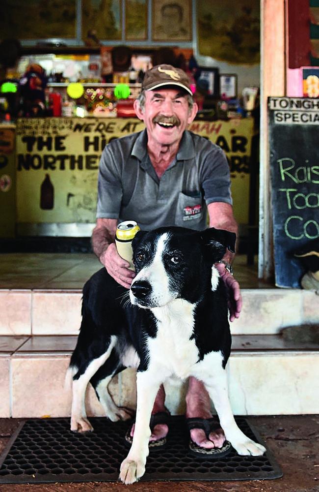 Paddy Moriarty with his dog Rover outside the Larrimah Hotel. Pic: Helen Orr