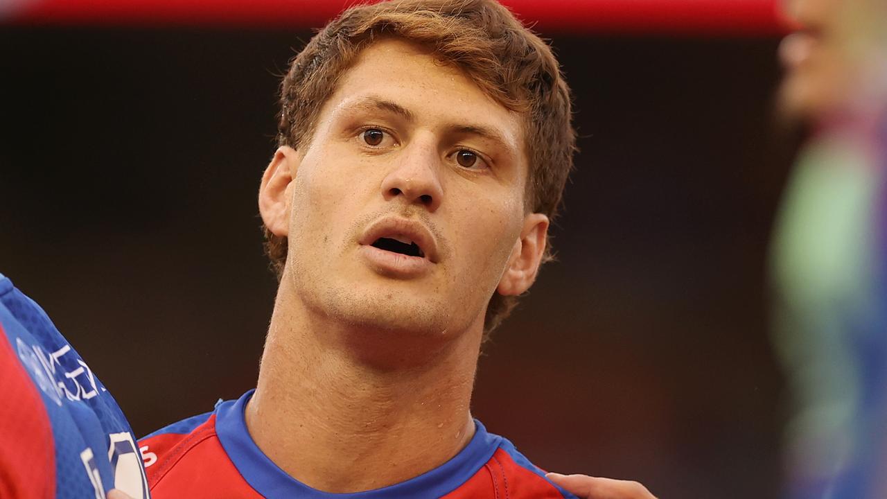 NEWCASTLE, AUSTRALIA - FEBRUARY 21: Kalyn Ponga of the Knights warms up during the NRL Trial match between the Canterbury Bulldogs and the Newcastle Knights at McDonald Jones Stadium on February 21, 2022 in Newcastle, Australia. (Photo by Ashley Feder/Getty Images)