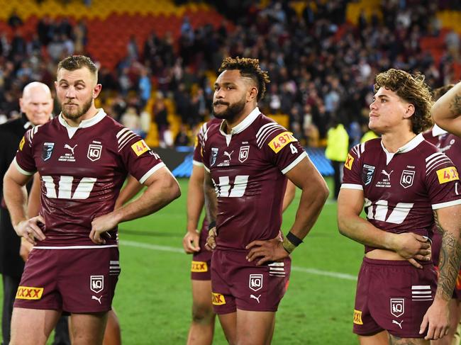 Dejected Maroons following their loss. Picture: Patrick Woods.