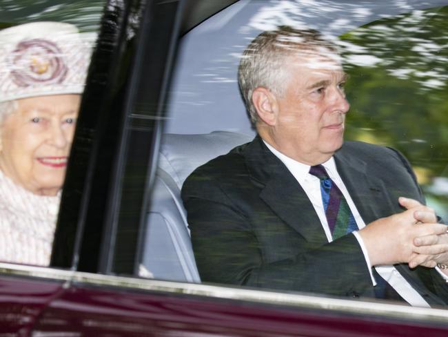 CRATHIE, ABERDEENSHIRE - AUGUST 11: Queen Elizabeth II and Prince Andrew are driven from Crathie Kirk Church following the service on August 11, 2019 in Crathie, Aberdeenshire. Queen Victoria began worshipping at the church in 1848 and every British monarch since has worshipped there while staying at nearby Balmoral Castle. (Photo by Duncan McGlynn/Getty Images)