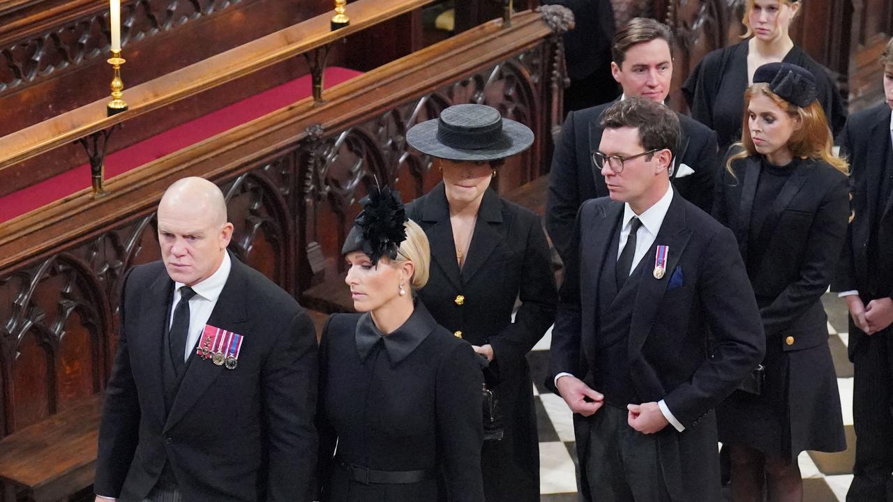 Mike Tindall and Zara Tindall, Princess Eugenie and Jack Brooksbank, Princess Beatrice and Edoardo Mapelli Mozzi, arrive at Westminster Abbey in London.