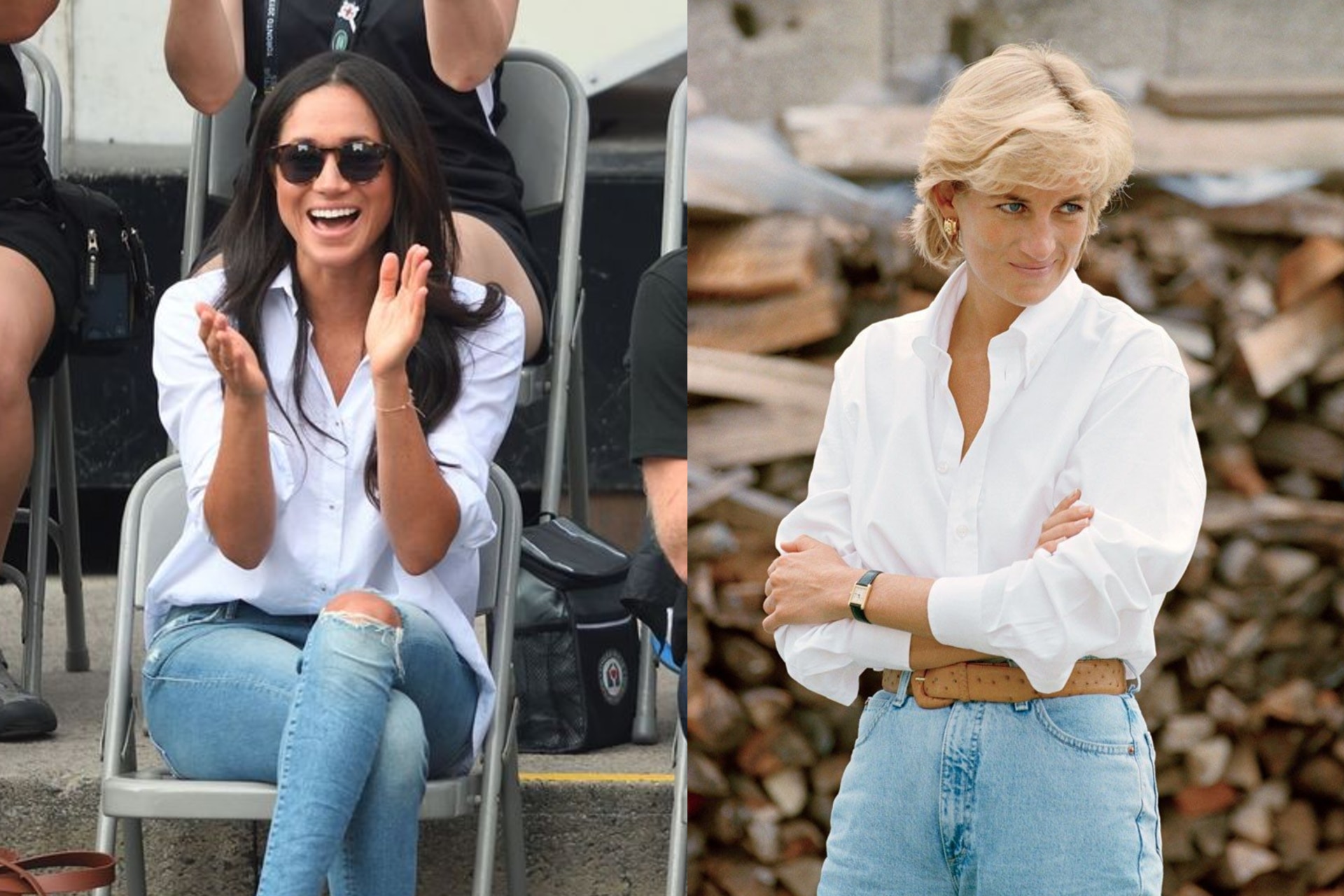 <h2>Meghan Markle (2017) and Princess Diana (1997)</h2><p>Meghan Markle has proven herself to be a loyal admirer of the white button up and a good pair of light denim&mdash;so too was Princess Diana a fan of the outfit formula in the late 1990s, often seen sporting a breezy shirt and high-waisted jeans.</p>