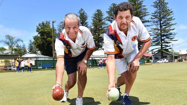 Mildura lawn bowlers Chris Mitchell and Murray Fazzula pose for a photograph at the Henley Bowling Club in January 2018. Picture: AAP Image/Keryn Stevens