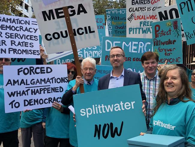 A rally outside NSW Parliament House held by supporters of a move to split Pittwater from the Northern Beaches Council.