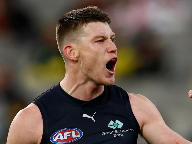 MELBOURNE, AUSTRALIA - JUNE 30: Sam Walsh of the Blues celebrates a goal during the 2024 AFL Round 16 match between the Richmond Tigers and the Carlton Blues at The Melbourne Cricket Ground on June 30, 2024 in Melbourne, Australia. (Photo by Michael Willson/AFL Photos via Getty Images)