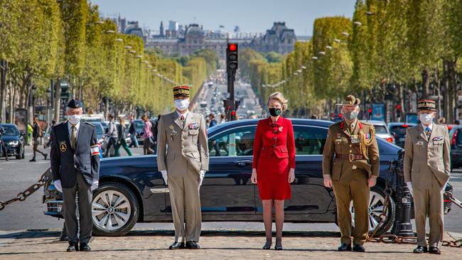 Wreath laying ceremony at the Tomb of the Unknown Soldier at the Arc de Triomphe in Paris with Gillian Bird, Australian Ambassador to France, and Colonel Joel Dooley, Defence Attaché to France. Picture: Simon Patching/Australian Embassy in France.