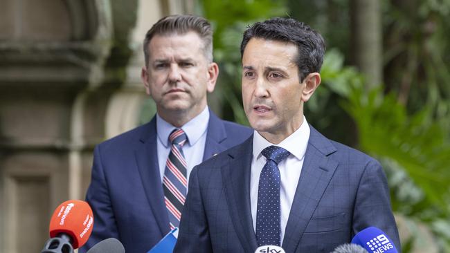 David Crisafulli and Jarrod Bleijie at Queensland Parliament on Sunday. Picture: Richard Walker