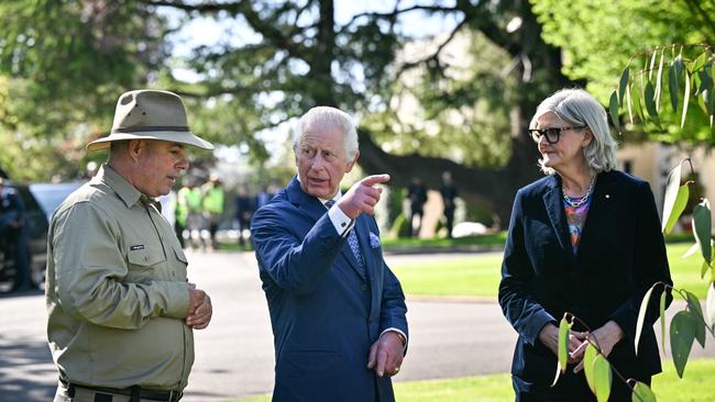 King Charles III gestures beside Australia’s Governor-General Sam Mostyn (R) in the gardens of Government House on October 21, 2024 in Canberra, Australia. Picture: Saeed Khan - Pool/Getty Images