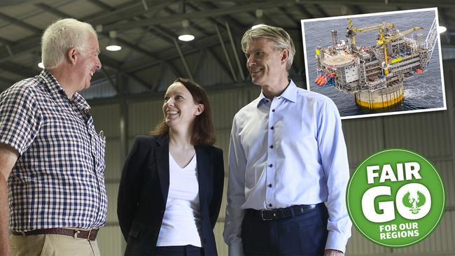 Ceduna Mayor Perry Will, Equinor’s head of exploration in Australia Camilla Aamodt and Equinor country manager - Australia, Jone Stangeland at Ceduna. Picture: Supplied