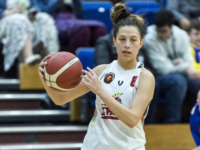 Natasha Le Bas (left) of SD Spartans against Toowoomba Mountaineers in Queensland State League Division 1 womens basketball round one at USQ's Clive Berghofer Recreation Centre, Sunday, May 16, 2021. Picture: Kevin Farmer