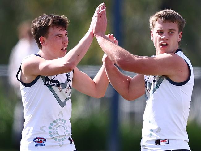 BRISBANE, AUSTRALIA - JULY 07: Sam Lalor of Victoria Country celebrates a goal during the Marsh AFL National Championships match between U18 Boys Allies and Victoria Country at Brighton Homes Arena on July 07, 2024 in Brisbane, Australia. (Photo by Chris Hyde/AFL Photos/via Getty Images)