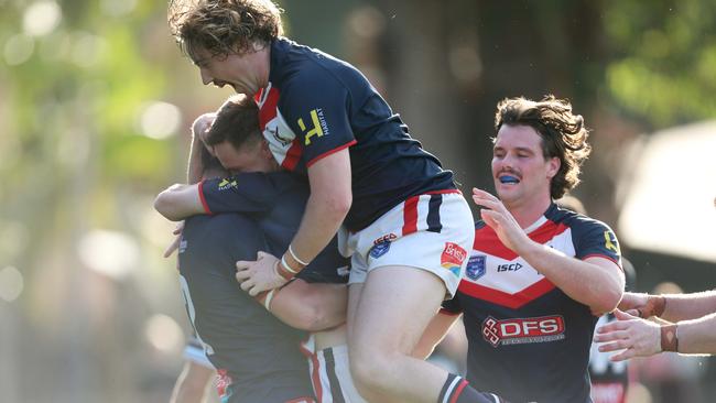 Erina celebrate a Nathan Dwyer try against Terrigal. Picture: Sue Graham