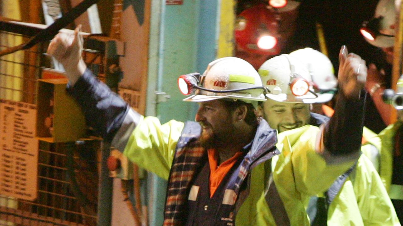 Tasmanian miners Todd Russell (left) and Brant Webb were stuck underground for two weeks after an earthquake caused a rock fall. Picture: Ian Waldie/Getty Images.