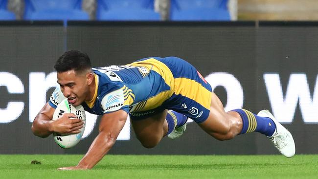 Will Penisini scores a try for the Eels. Picture: Chris Hyde/Getty Images