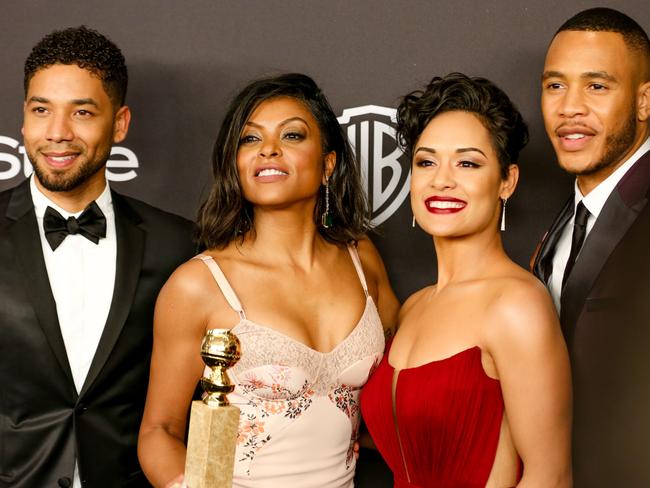 Jussie Smollett with his Empire co-stars, Taraji P. Henson, Grace Gealey and Trai Byers. Picture: Splash News