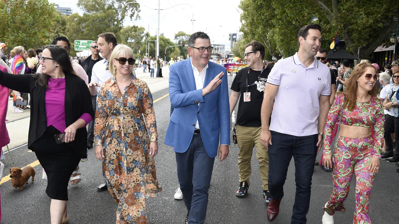 Daniel Andrews and his wife Catherine in the Pride March in St Kilda, Melbourne. Picture: Andrew Henshaw