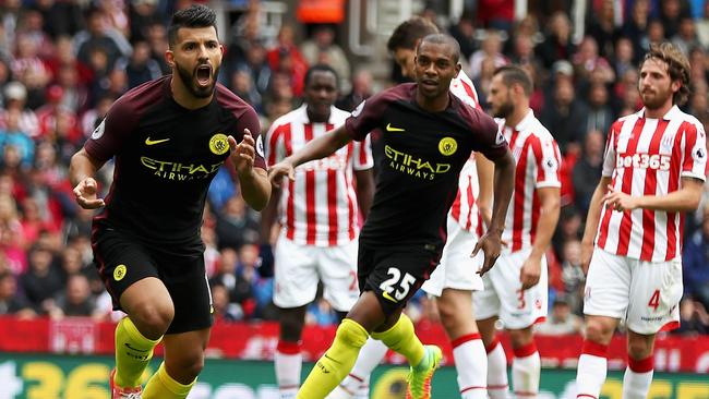 Sergio Aguero of Manchester City celebrates scoring.