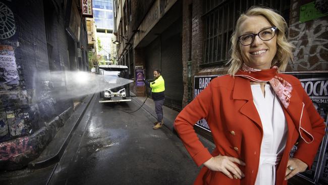 Lord Mayor Sally Capp at Tattersal Lane with Huseyin Mandan. She has implored Melburnians to respect the city, declaring thoughtless litterbugs wouldn’t rubbish their own backyards. Picture: Tony Gough