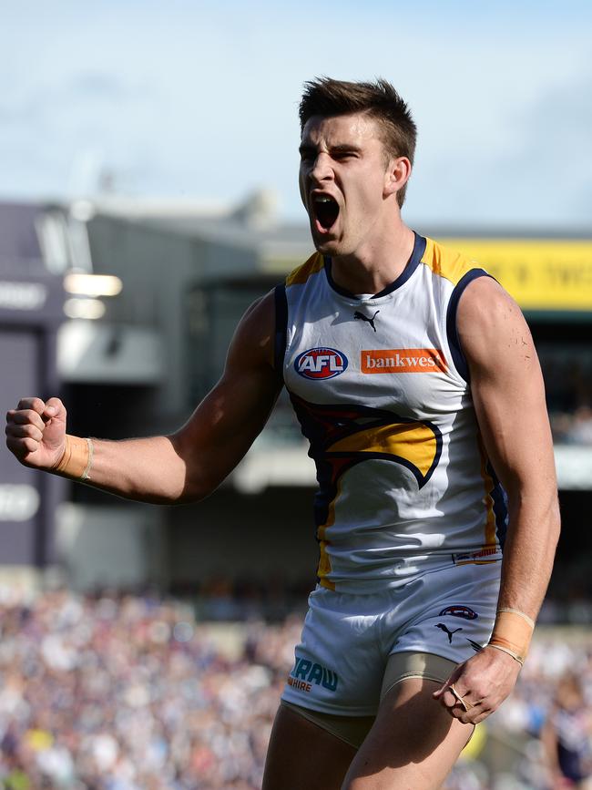 West Coast's Elliott Yeo celebrates a goal. Picture: Daniel Wilkins.