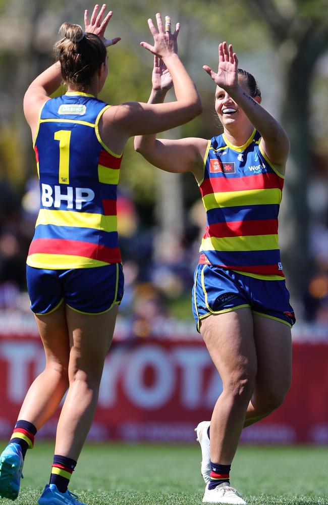 Danielle Ponter celebrates a goal. Picture: Sarah Reed/AFL Photos via Getty Images